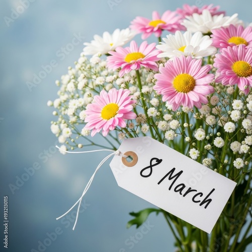 A bouquet of colorful flowers with a white tag for international womens day