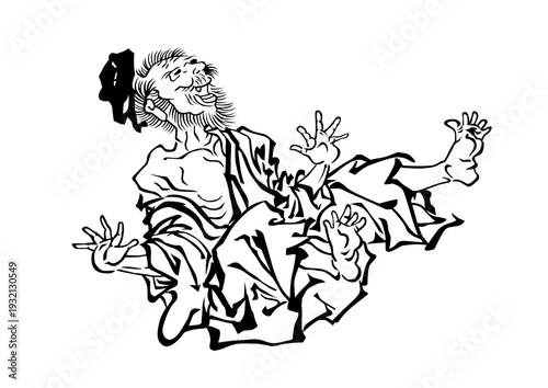 浮世絵風 人物イラスト｜転倒する男（白黒ベクター）
