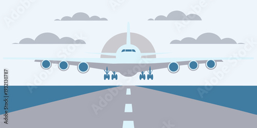Minimalist flat design vector illustration of a commercial passenger airplane on an airport runway