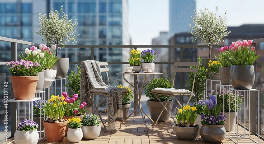 Fototapeta premium Spring balcony garden with blooming flowers in urban setting featuring cozy seating and scenic city view. concept of urban gardening, seasonal blossoms, outdoor relaxation