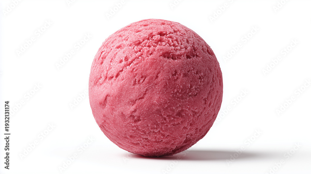 Obraz premium 白背景に影が落ちるひんやりと冷たい真っ赤なベリーシャーベットの丸いスクープ