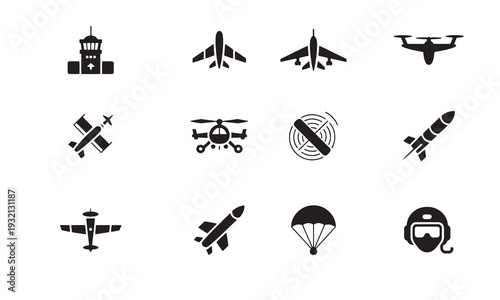 Black silhouettes of various aircraft and aviation related objects on white background