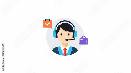 Cartoon man wearing headset and microphone.
