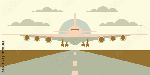 Flat design illustration of a passenger airplane landing on a runway with clouds in the sky