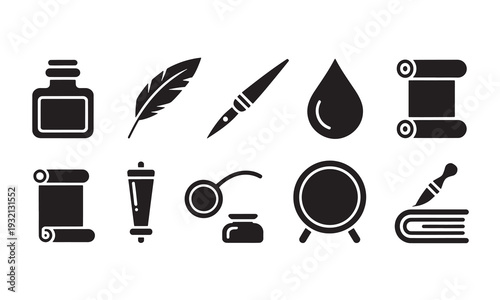 Collection of black icons related to art and writing on white background