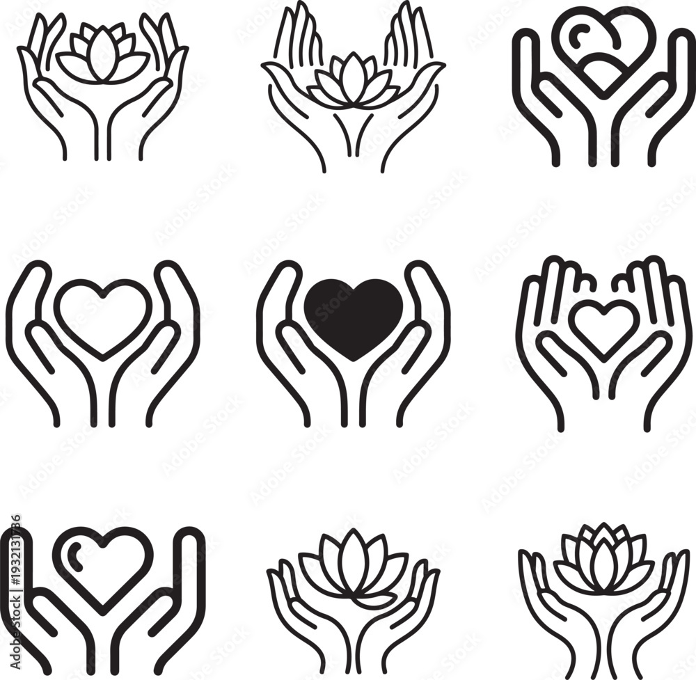 Fototapeta premium Hands holding lotus and heart icons for wellness, care, and peace