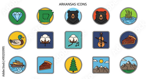 Arkansas State Icons Collection Featuring Landmarks and Symbols of the Natural and Cultural Heritage