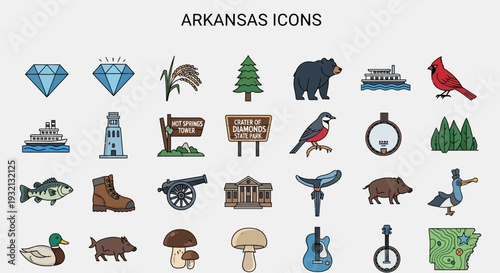 Colorful collection of Arkansas icons, featuring diverse nature, landmarks, and cultural symbols in a modern flat design style for travel and tourism