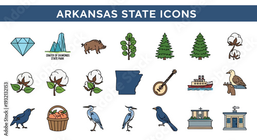 Collection of vector icons depicting natural resources, diverse wildlife, and cultural landmarks of an American Southern state, suitable for travel and regional themes