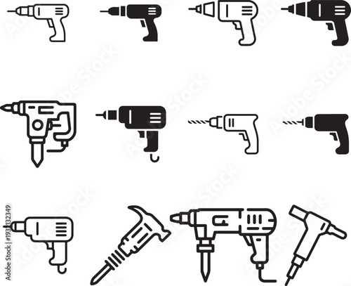 Set of electric drill and power tool line icons for construction and home repair