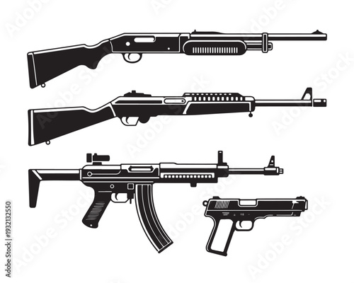 Four different types of guns and rifles in black silhouette on white background