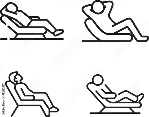 Relaxing person icons set depicting leisure, rest, and comfort in various lounge positions