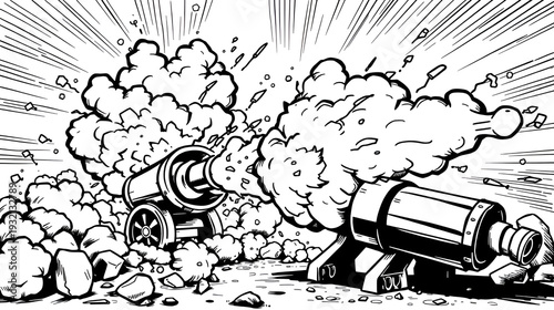 Cartoon Cannon Explosions Comic Book Style, HandDrawn, Black and White
