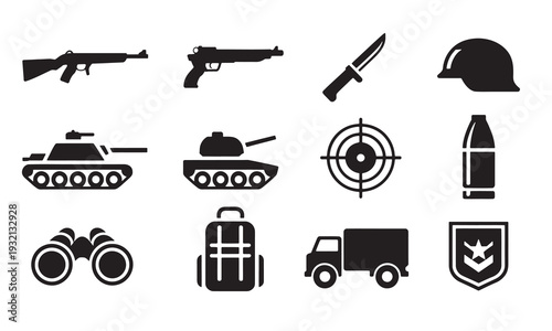 Military and army icons including weapons vehicles and protective gear on white background