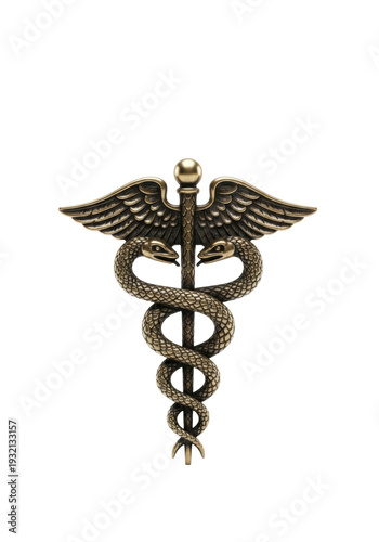 Intricately sculpted aged bronze caduceus symbol with entwined snakes and wings isolated on a brilliant white background. medical heritage concept