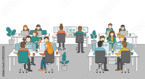 People Working at Desks in Office.
