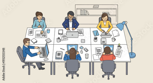 Group of People Working Together at Desks.