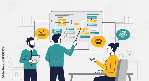 Team Discussing Project Plan on Whiteboard.