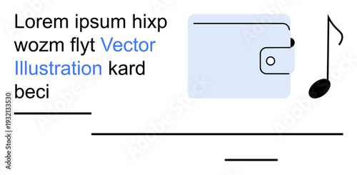 Creative designs, finance concepts, digital assets, music, multimedia content, branding. A wallet and a music note with placeholder text on a white background. Finance concepts and creative designs