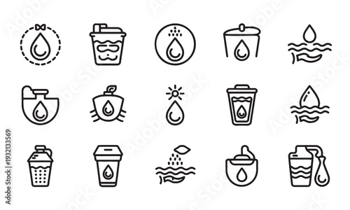 Set of line style water drop icons with cups and mugs and liquid  various designs