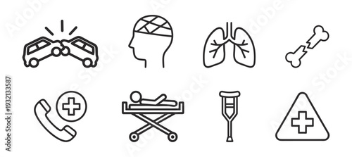 Emergency and Injury Medical Icon Set — Car Crash, Brain Injury, Lungs, Bone, Ambulance Stretcher Line Art