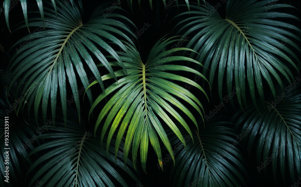 Obraz premium Lush green palm leaves cascade against a dark, tropical backdrop.