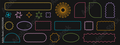 Set of colorful geometric shapes with scalloped edges on black background. Simple cute forms with wavy borders. Empty neon signboards, web banners, tags or labels. Vector outline illustration.