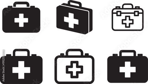 Medical first aid kit icons for emergency healthcare and safety equipment concepts