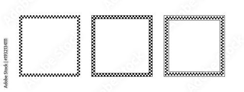 Set of square frames with checkered black and white print isolated on white background. Quadrangular vignettes with chess board, race flag, taxi or police pattern. Vector graphic illistration