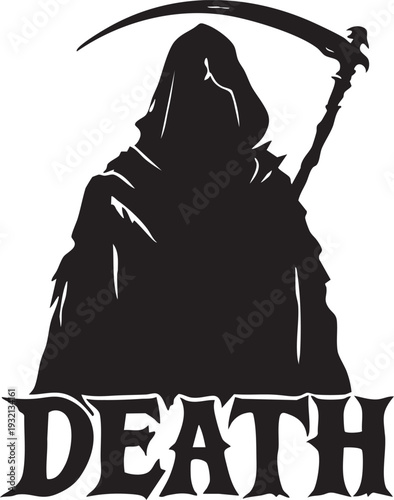 Gothic grim reaper silhouette with scythe and hooded robe death symbol illustration dark fantasy artwork black and white design