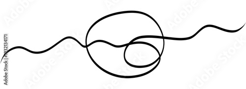 Abstract tangled cable squiggle forming loose ball of lines. Thin black thread loops and overlaps for dynamic chaos accent, logo background or tech themed decoration.