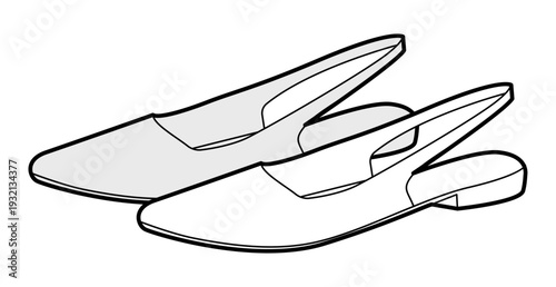 Slingback flat shoe women sketch pair. Open back pointed toe footwear for elegant city outfit. Technical fashion illustration CAD mockup detailed vector man unisex isolated classic style.