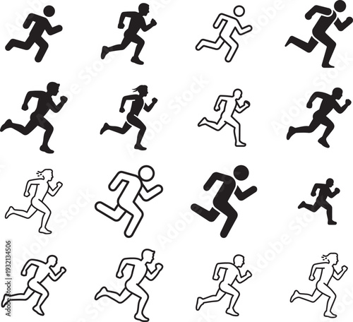 Collection of 16 running and sprinting icons representing athletics and fitness