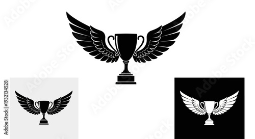 Vector illustration of a trophy with wings, symbolizing achievement and victory, displayed in various formats