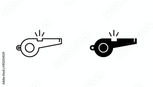 Two whistles, one outlined and one filled, illustrating a sports event signal in a simple graphic design.