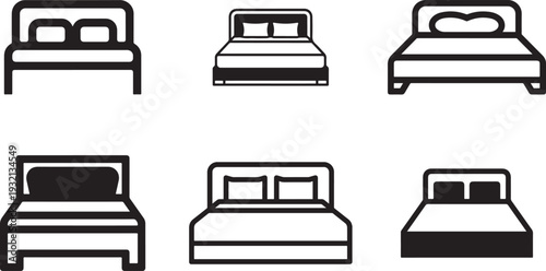 Set of 6 minimalist bed icons for bedroom furniture and hotel industry design
