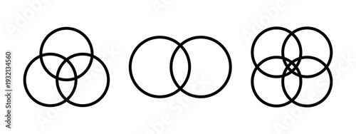 Set of Venn diagram templates with 2, 3 and 4 intersected circles isolated on white background. Statistics chart, presentation, analytics schema or infographic layouts. Vecor outline illustration