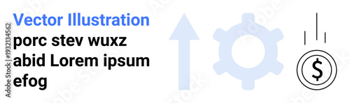 Economic growth, business strategy, financial analysis, technological innovation, investment, corporate progress. Upward arrow, gear and dollar icon growth and success. Economic growth and business