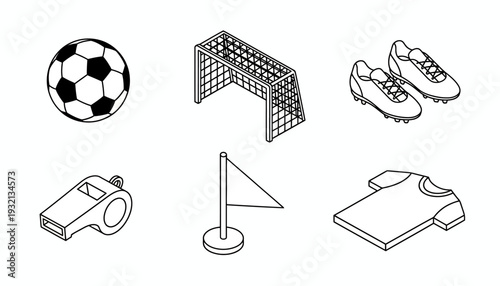 Soccer elements illustration featuring ball, goal, shoes, whistle, flag, and jersey in a clean and simple design