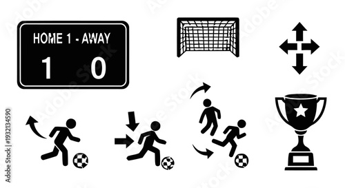 Soccer game in progress with players, scoreboard, and trophy icons displayed