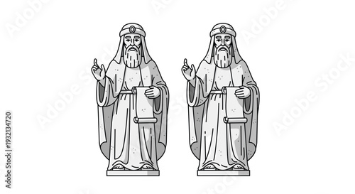 Two identical grey ancient-style statues of bearded male figures, each holding an unfurled scroll, stand side-by-side.
