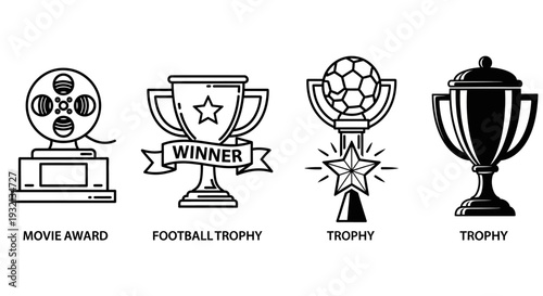 Collection of black and white trophy icons representing achievement and victory in various categories
