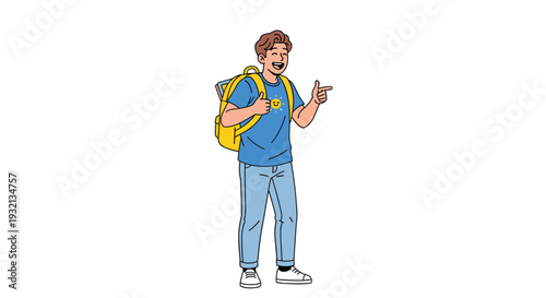 A cheerful young man with a yellow backpack smiles and points with both hands against a clean white background.