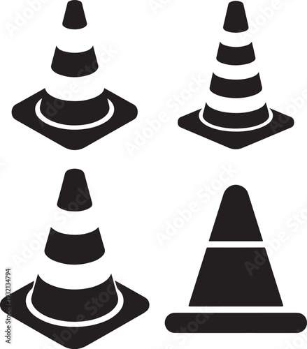 Road safety traffic cone icons set for construction zones and highway maintenance