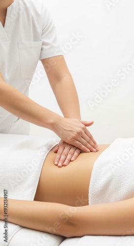 Professional therapist performing abdominal massage on a woman lying on a treatment table covered with a white towel