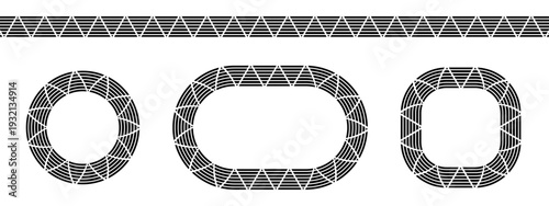 Set of border and round frames with triangular striped ornament in Islamic, African or Mexican style isolated on white background. Fabric decorative elements with streaky motif. Vector illustration.