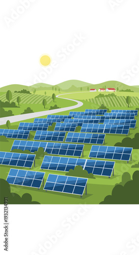 A sprawling solar panel farm is situated in a verdant, hilly landscape with a winding road and distant houses under a bright sun.