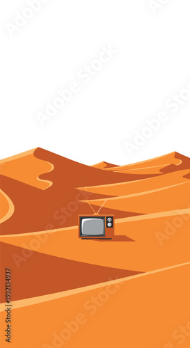 A lone vintage television set with rabbit-ear antennae rests in a vast, undulating desert landscape of sand dunes.