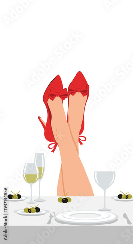 A woman's legs in red bow-tied high heels are playfully crossed on a table set with wine glasses and olives.