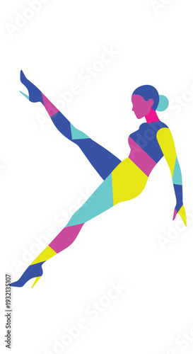 A dynamically posed stylized female figure, composed of vibrant color blocks, is depicted with one leg raised high against a pristine white background.